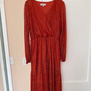 NWT Hayden Los Angeles Shimmer Plisse Midi Dress Red Orange Size Small